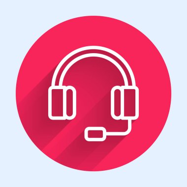 Beyaz çizgi kulaklık simgesi uzun gölgeli izole edilmiş. Kulaklıklar. Müzik, hizmet, iletişim ve operatör konsepti. Kırmızı daire düğmesi. Vektör.