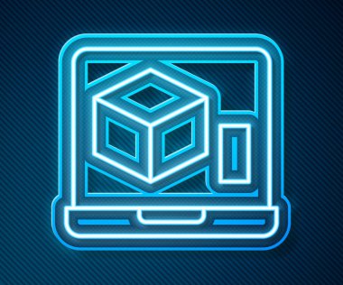 Parlayan neon hattı 3D yazıcı simgesi mavi arkaplanda izole edildi. 3D baskı. Vektör.