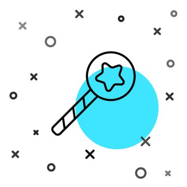 Siyah çizgi sihirli çubuk simgesi beyaz arkaplanda izole edildi. Yıldız şeklinde sihirli aksesuar. Sihirli güç. Rastgele dinamik şekiller. Vektör.