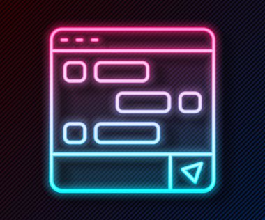 Parlayan neon hattı. Laptop simgesi üzerindeki yeni sohbet mesajları siyah arkaplanda izole edildi. Smartphone sohbet mesajları konuşma baloncukları. Vektör.