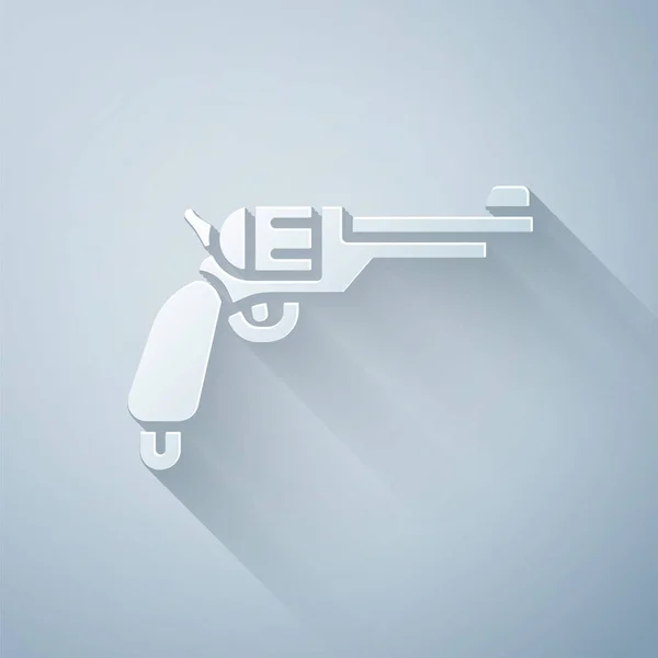 Pistola Revolver Corte Papel Aislada Sobre Fondo Gris Estilo Arte — Vector de stock