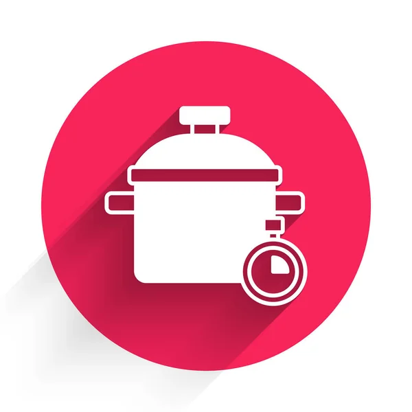 白色烹饪锅图标与长影隔离 蒸煮或炖煮食品的象征 红圈按钮B — 图库矢量图片