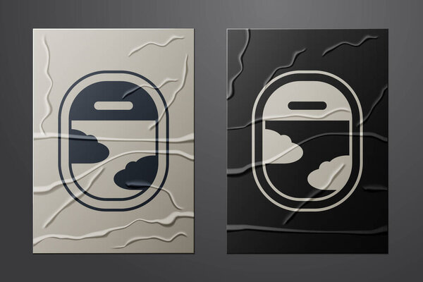 White Airplane window icon isolated on crumpled paper background. Aircraft porthole. Paper art style. Vector.