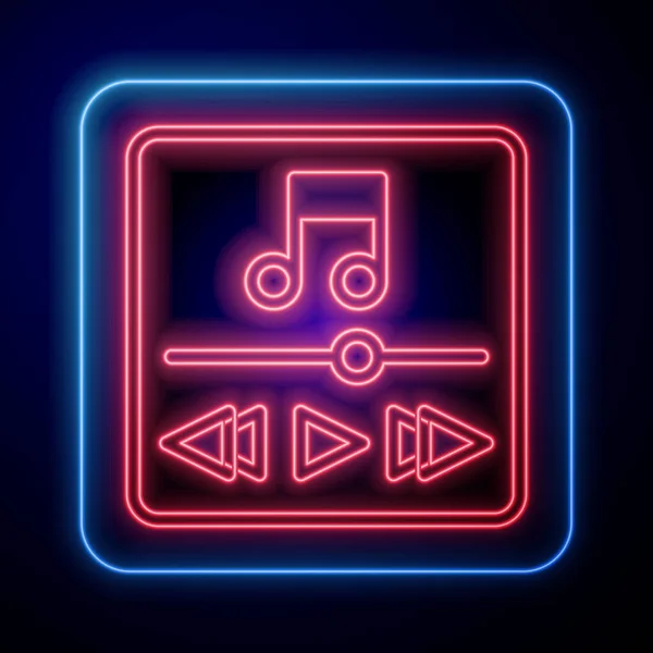 Glödande Neon Musik Spelare Ikon Isolerad Svart Bakgrund Bärbar Musikapparat — Stock vektor
