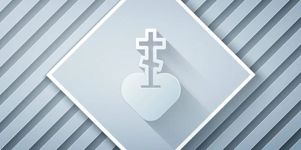 Řez Papíru Náboženský Kříž Srdci Uvnitř Ikony Izolované Šedém Pozadí — Stockový vektor