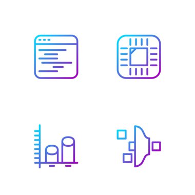 Satır Filtre ayarını, Veri analizini, Yazılım ve İşlemciyi işlemciyle ayarla. Renk simgeleri. Vektör