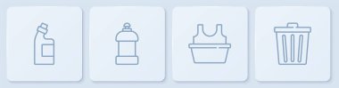 Temizlik acentesi için şişe, gömlekli leğen ve çöp kovası ayarla. Beyaz kare düğme. Vektör