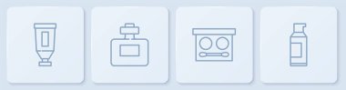 Krem ya da losyon kozmetik tüpü, göz farı paleti, parfüm ve sprey için sprey kullan. Beyaz kare düğme. Vektör