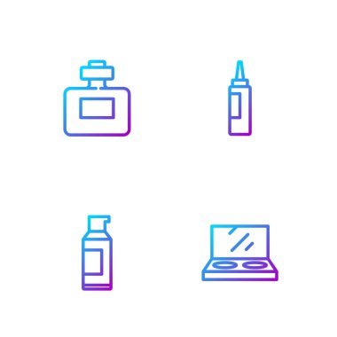 Aynayla makyaj tozunu, saç spreyi spreyi, parfüm ve krem kozmetik tüpü için sprey kutusunu ayarla. Renk simgeleri. Vektör