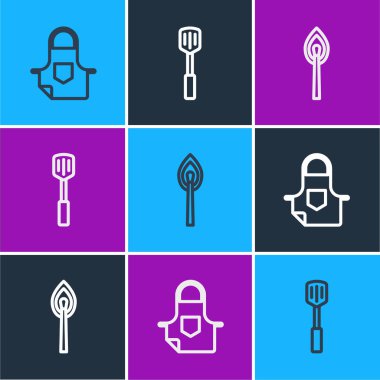 Mutfak önlüğü, ateş ve barbekü spatula ikonu ile yanan kibrit. Vektör