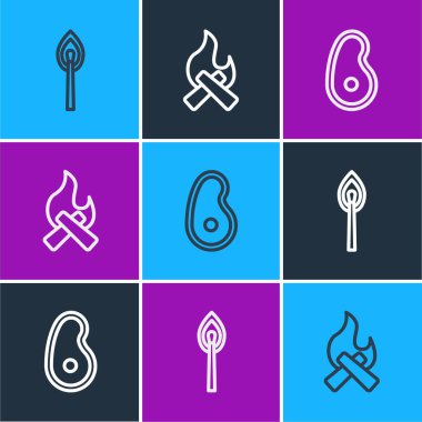 Ateş, biftek ve kamp ateşi ikonu ile çizgi yakma kibriti. Vektör