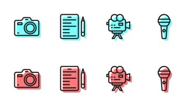 Retro sinema kamerası, foto, senaryo ve mikrofon ikonu. Vektör