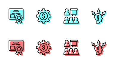 Çizgi eğitimini, sunumunu, sertifika şablonunu dolarlı teçhizatını ve Proje ekibi simgesini ayarla. Vektör
