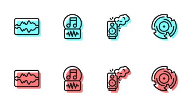 Stereo hoparlörü, müzik dalgası eşitleyicisi, nota, ton ve vinil disk simgesi ayarla. Vektör