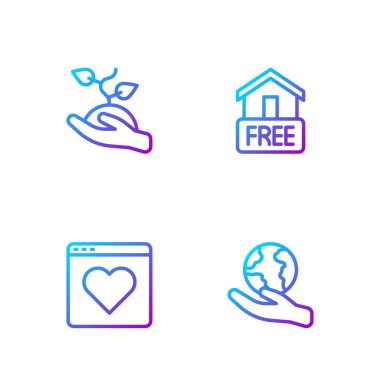 Line Hand holding Earth Globe, Flört uygulaması, gönüllü ekip ağaç dikme ve ücretsiz ev teslimatı. Renk simgeleri. Vektör