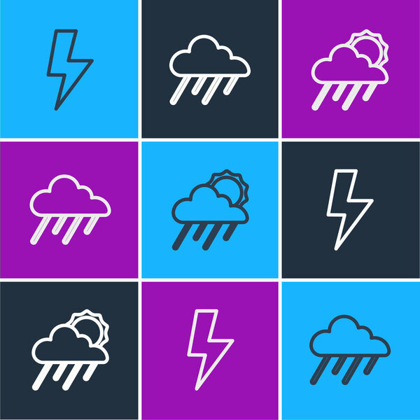 Установить линию молнии, облако с дождём и солнцем и значок. Вектор