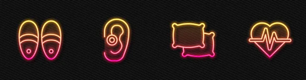 Set Line Pillow Slippers Hearing Aid Heart Rate Glowing Neon — 스톡 벡터