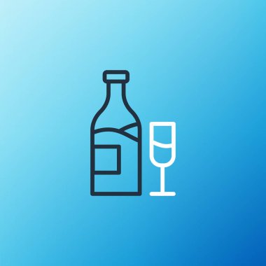 Mavi arka planda cam ikon olan çizgi şarap şişesi. Renkli taslak konsepti. Vektör