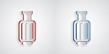 Kağıt kesiği seyahat simgesi için bavul gri arkaplanda izole edildi. Seyahat bagaj tabelası. Seyahat bagaj ikonu. Kağıt sanatı tarzı. Vektör