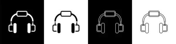 Nastavit ikonu sluchátka izolované na černobílém pozadí. Sluchátka. Koncepce poslechu hudby, služeb, komunikace a operátora. Vektor — Stockový vektor