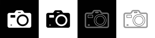 设置相片相机图标隔离在黑白背景.脚踏相机。数字摄影。B.病媒 — 图库矢量图片