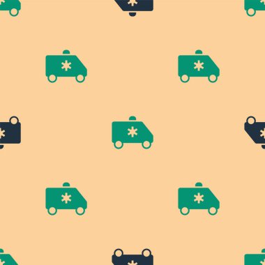 Yeşil ve siyah ambulans ve acil durum arabası ikonu bej arka planda izole edilmiş kusursuz desen. Ambulans aracı tıbbi tahliye. Vektör