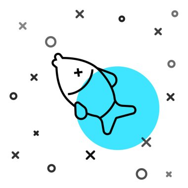 Siyah çizgi. Beyaz arka planda ölü balık simgesi var. Rastgele dinamik şekiller. Vektör