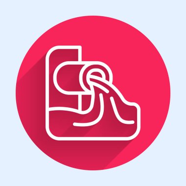 Beyaz çizgi atık su ikonu uzun gölgeli izole edilmiş. Kanalizasyon borusu. Borudan nehre sıvı akıyor. Kırmızı daire düğmesi. Vektör