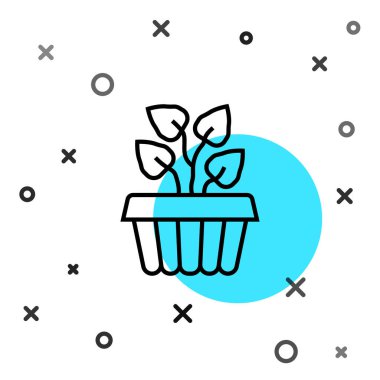 Beyaz arka planda izole edilmiş bir çömlek ikonunda siyah çizgili bitki sarmaşığı. Yapraklı dal. Rastgele dinamik şekiller. Vektör