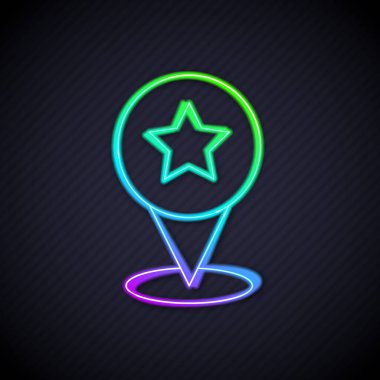 Siyah arkaplanda yıldız simgesi izole edilmiş parlak neon çizgi haritası işaretçisi. Yıldız favori iğne haritası simgesi. Harita işaretleyicileri. Vektör