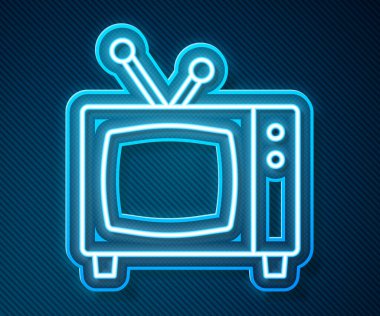 Parlayan neon hattı Retro TV simgesi mavi arkaplanda izole edildi. Televizyon tabelası. Vektör