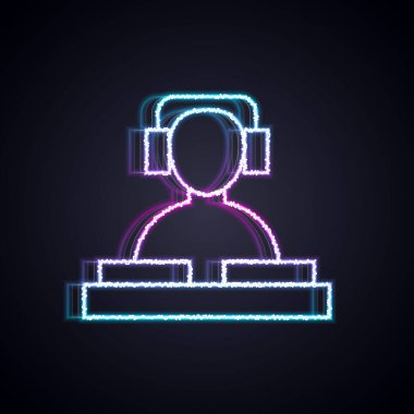 Parlayan neon hat DJ 'i kayıt güvertesi simgesi önünde kulaklık takıyor. Siyah arkaplanda izole edilmiş. DJ müzik çalıyor. Vektör