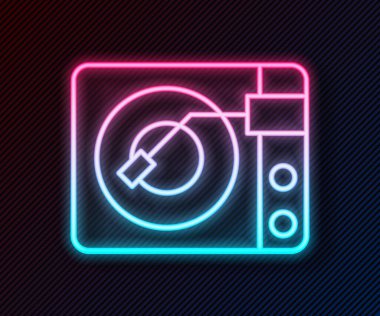 Siyah arkaplanda izole edilmiş vinil disk simgesi olan parlak neon çizgili Vinil oynatıcı. Vektör