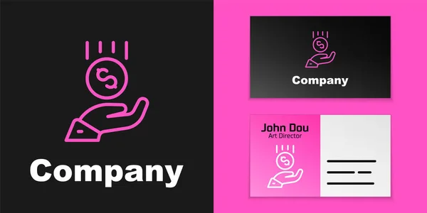 Roze lijn Munten bij de hand - minimale loon pictogram geïsoleerd op zwarte achtergrond. Logo ontwerp template element. Vector — Stockvector