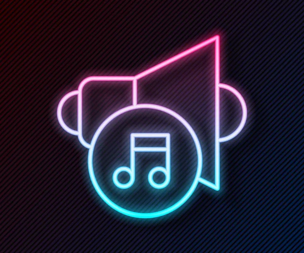 Línea de neón brillante Volumen del altavoz, símbolo de sonido de voz de audio, icono de música multimedia aislado sobre fondo negro. Vector — Vector de stock