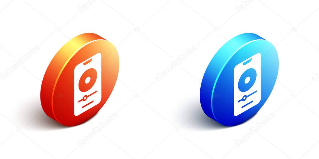 Isometric Music player icon isolated on white background. Portable music device. Orange and blue circle button. Vector