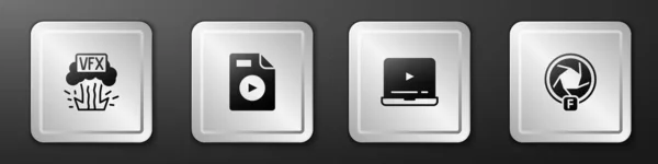Установите VFX, AVI файл документа, онлайн воспроизведение видео и иконку камеры заткнуть. Серебряная кнопка. Вектор — стоковый вектор