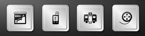 Set Histogram graph photography, Light meter, Actor trailer and Film reel icon. 은색 네모 단추. Vector — 스톡 벡터