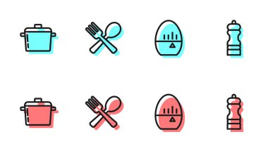 Hattı ayarla, mutfak zamanlayıcısı, tencere, çapraz çatal, kaşık ve biber ikonu. Vektör