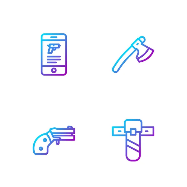 Set line Funda de cuchillo, revólver pequeño, arma de la tienda en aplicación móvil y hacha de madera. Iconos de color degradado. Vector — Vector de stock