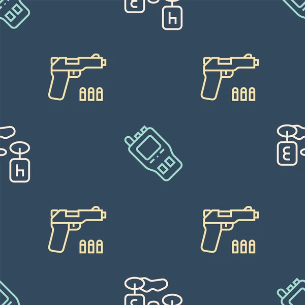 Set line Marker of crime scene, Pistol or gun and Walkie talkie on seamless pattern. Vector — Stock Vector