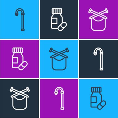 Çizgi çizen baston, örgü ve ilaç şişesi ve hap ikonu. Vektör