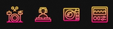 Vinil diski, davulu, DJ 'i müzik ve makine çalan bir plak çalar ayarla. Parlayan neon ikonu. Vektör