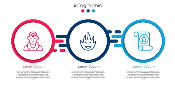 Définir la ligne sorcier sorcier, flamme de feu et rouleau magique. Modèle d'infographie d'entreprise. Vecteur — Image vectorielle