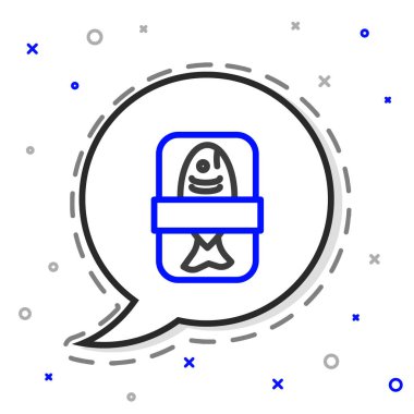 Beyaz arka planda izole edilmiş selofan kaplamalı Line Fish plastik tepsi kabı. Renkli taslak konsepti. Vektör