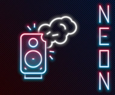 Parlayan neon hattı Stereo hoparlör simgesi siyah arkaplanda izole edildi. Ses sistemi hoparlörleri. Müzik ikonu. Müzikal sütun hoparlörü. Renkli taslak konsepti. Vektör