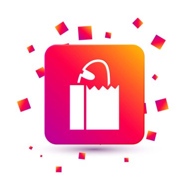 Beyaz arka planda izole edilmiş ekmek simgesi olan beyaz kağıt torba. Kare renk düğmesi. Vektör