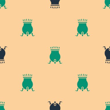 Yeşil ve siyah cadı kazan ikonu bej arkaplandaki kusursuz deseni izole etti. Mutlu Cadılar Bayramı Partisi. Vektör