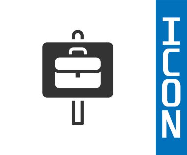 Beyaz arka planda izole edilmiş evrak çantası ikonu olan gri büyüteç. İş arıyorum. İş arama konsepti. İşsizlik, kelle avcılığı, kariyer. Vektör