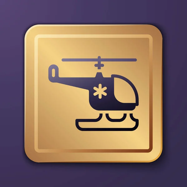 Purple διάσωσης ελικόπτερο εικονίδιο απομονώνονται σε μωβ φόντο. Ελικόπτερο ασθενοφόρου. Χρυσό τετράγωνο κουμπί. Διάνυσμα — Διανυσματικό Αρχείο